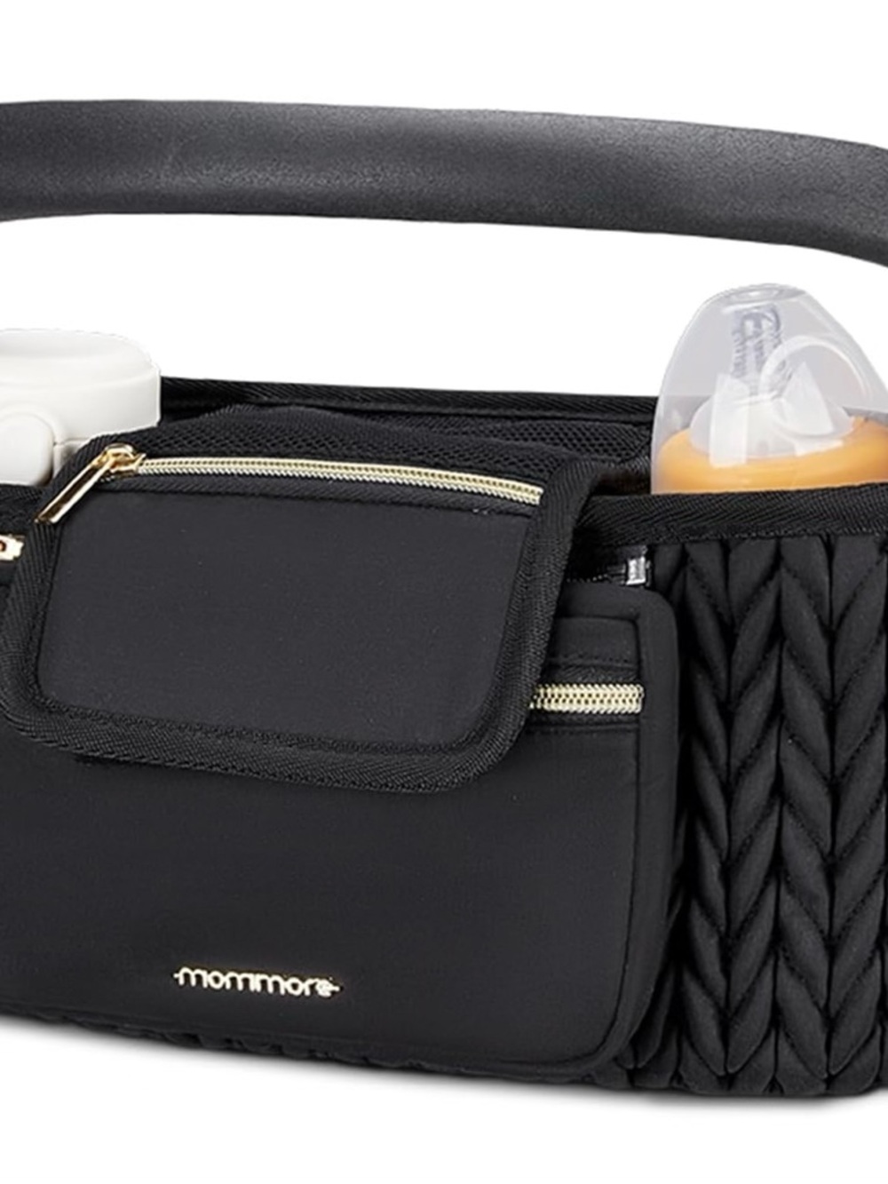 Black Baby Stroller Organizer with Gold Zippers